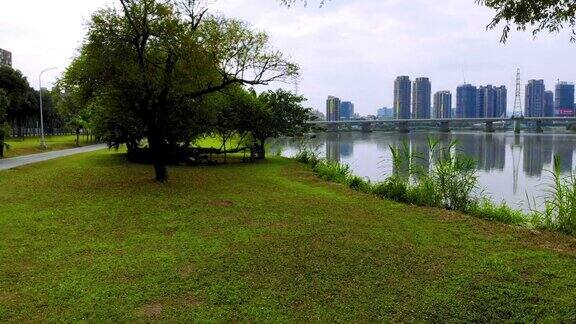 航拍台湾台北河边公园河边草地