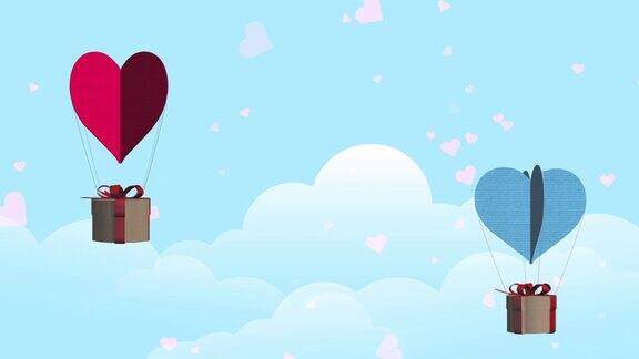 红色和蓝色纸纹理气球与爱心和礼物盒在天空概念动画象征情人节4K股票视频