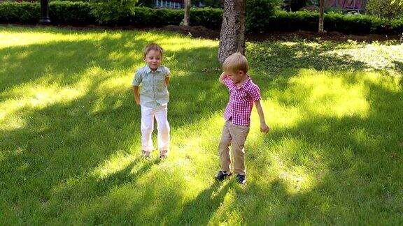 两个有趣的小男孩在夏天公园的绿草地上玩耍