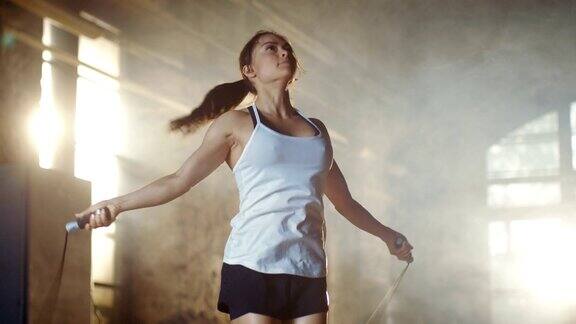体育美女在健身房里用跳绳练习她正在进行部分高强度的健身训练