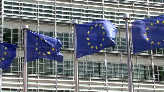 缓慢的全景欧洲国旗在风中飘扬