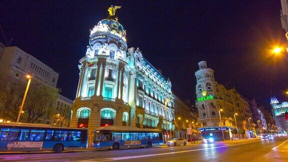 马德里夜光大都市酒店交通街道视图4k时间流逝西班牙