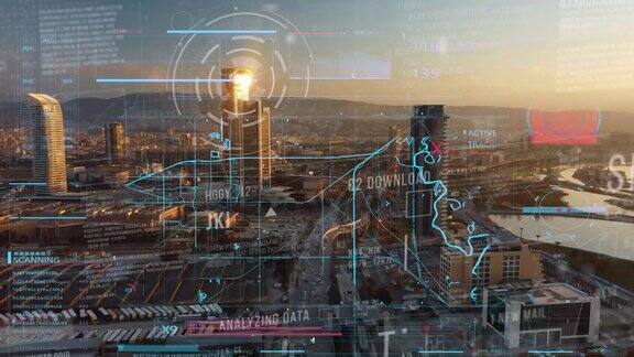商业数据分析界面飞越智慧城市展示商业智能的改变未来利用计算机软件和人工智能对大数据进行分析制定战略计划
