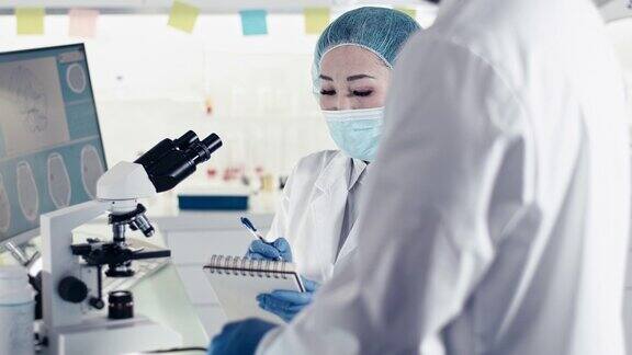 研究有害生物样本的女性小组亚洲女医生使用显微镜
