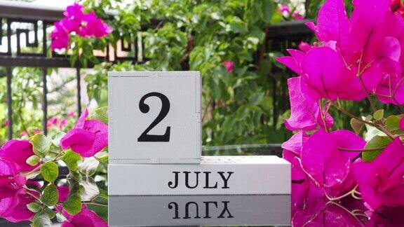 摆放着木槿花的桌子上摆放着写有7月20日重要事件的木制日历一个女人的手在日历上写着日期将日历翻到一个立方万年历夏月