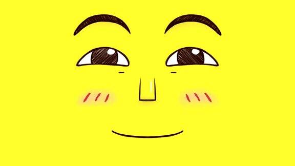 手绘动画的一个幸福的微笑脸孤立在黄色的背景