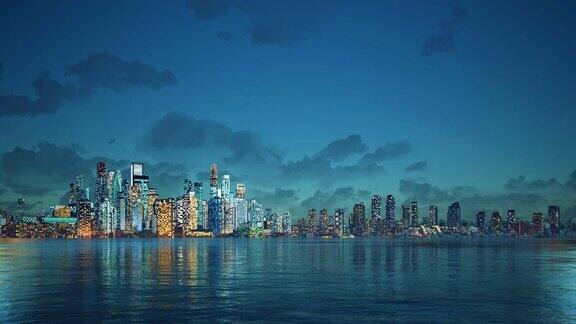 城市反映在平静的水面在黄昏的3D动画