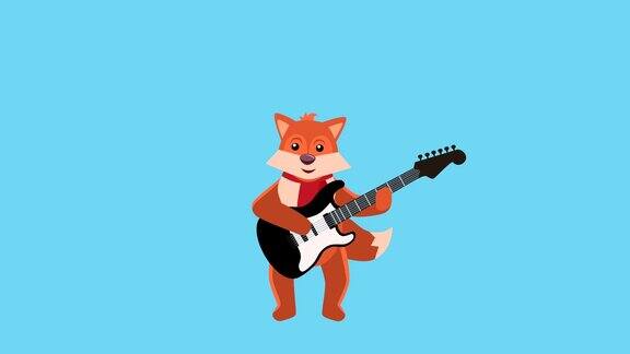 卡通小狐狸扁平圣诞人物发挥电吉他动画包括哑光