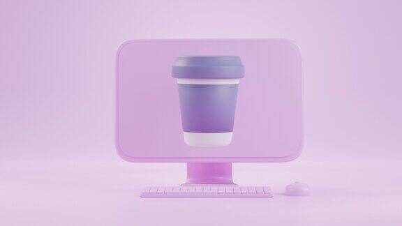 3d动画咖啡杯带走了电脑上的循环咖啡时间通道哑光组成概念:饮料食物背景图标商业休息