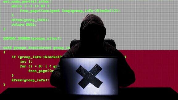 无名波兰黑客在他的笔记本电脑上输入代码并在后台插上波兰国旗