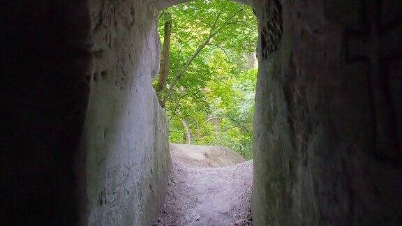 走出黑暗的洞穴沿狭窄通道移动至出口从山上看夏天的落叶林