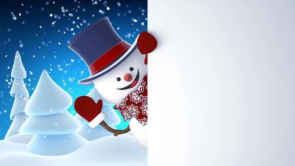 高帽子里的滑稽雪人在白板上挥舞和大笑美丽的3d卡通动画与绿色屏幕动画贺卡圣诞快乐新年快乐