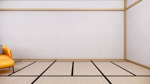 空房间沙发上日式设计榻榻米地板3D渲染