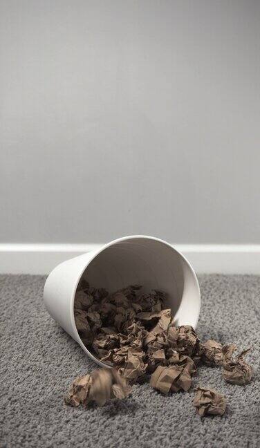 棕色皱巴巴的纸球飞进一个白色的圆形垃圾桶躺在一个光线明亮的房间里的灰色地毯上