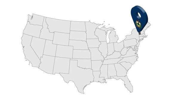 位置:美国地图上的佛蒙特州3d佛蒙特州旗地图标记位置引脚美利坚合众国的地图显示了不同的州动画地图美国各州4k视频