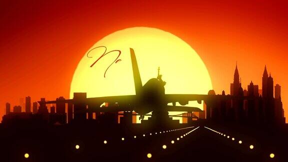 纽约自由女神像飞机飞过日落景观