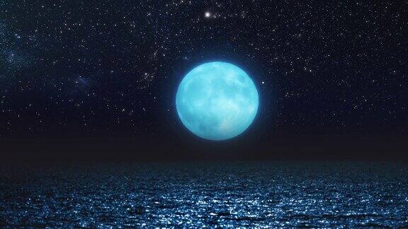 满月和海洋地平线上的星空静态图像动画