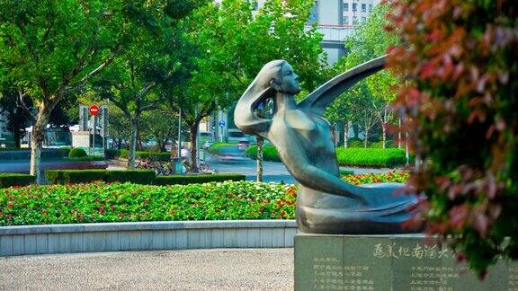 白天时间上海城市公园纪念碑广场全景4k时间推移中国