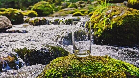 在长满青苔的岩石上空酒杯顶着湍急的小溪