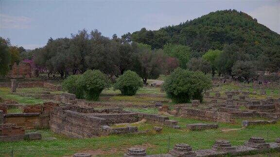 希腊伯罗奔尼撒半岛古奥林匹亚考古遗址奥林匹亚的Leonidaion遗址和犹大树(Cercissiliquas)