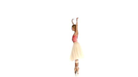 年轻的女孩正在跳芭蕾舞白色的背景慢动作