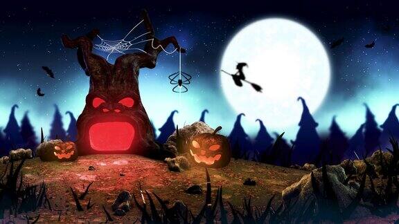 令人毛骨悚然的场景墓地墓地在满月之夜与魔鬼树和南瓜怪物3d渲染插图动画万圣节假期