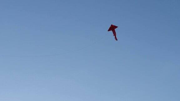 一只红色的风筝在夏季蓝色天空的映衬下在空中飞翔