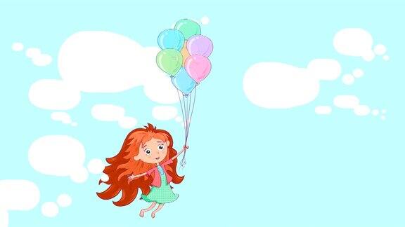 一个红头发的女孩拿着气球飞