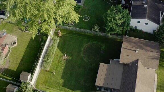 无人机视野草坪拖拉机修剪草坪从上方后院