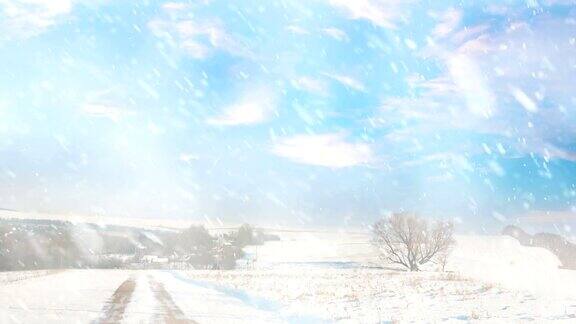 乡村冬季景观与飘落的雪