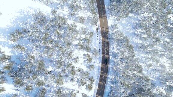 汽车行驶在遥远的雪原林间道路上