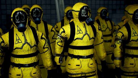在工作日开始前身着黄色防护服的医生们排起了长队人们穿着防细菌的防护服和防毒面具