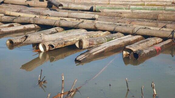 近距离观察储存在水中的竹竿堆