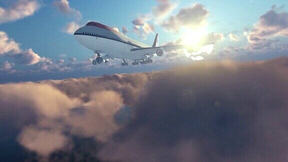 日落时云层上的波音飞机