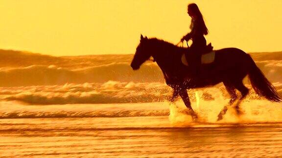 日落时在海滩上骑马