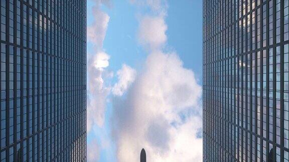 飞机在美丽的蓝天下飞过摩天大楼4k