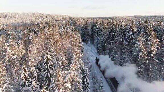 鸟瞰图蒸汽客运机车与车厢在雪域森林