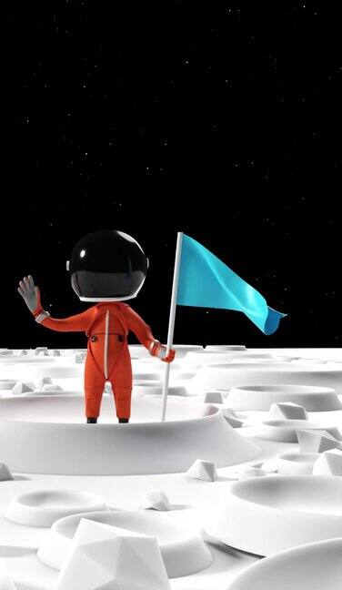 垂直卡通宇航员或宇航员在月球表面持有蓝色旗帜的4K分辨率
