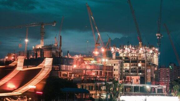 从白天到夜晚曼谷建筑工地的时间流逝