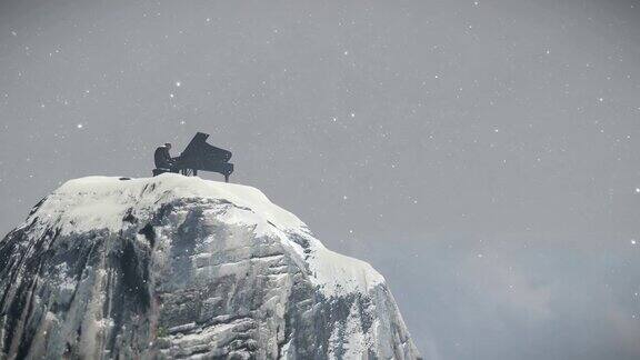 美国黑人钢琴演奏家表演在山顶上的云暴风雪无人机观看4K