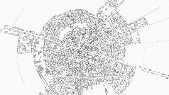 城市素描镜头从中心升起高角度视角