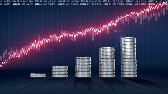 堆砌金币增加红色波形线表示股市、经济利润