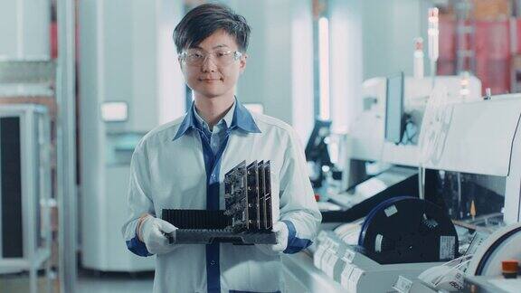 关于高科技工厂:亚洲工人拿着一批电子印刷电路板使用表面贴装技术组装在取放机器上的肖像