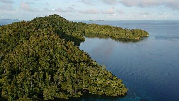 无人机绿色岛屿平静的海洋拉贾安帕岛日落