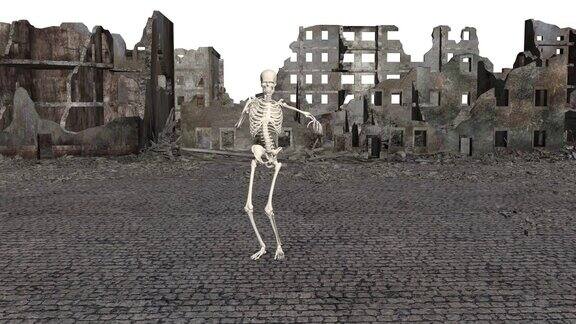 世界末日后城市街道上跳舞的3D骷髅