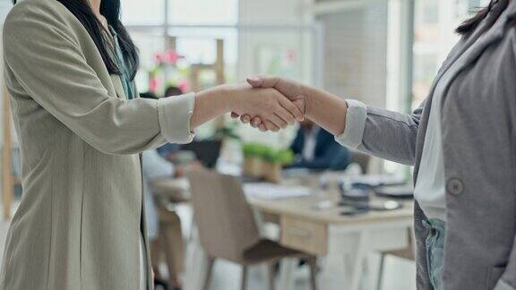 商务人士在b2b会议上握手和合作在办公室交易或达成协议女性在问候、介绍或感谢团队合作、晋升或在工作场所受到欢迎时握手