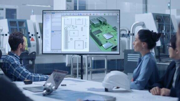 工厂办公室会议室:计算机设计工程师、经理和投资者的多样化团队在会议桌上交谈观看交互式电视节目展示3D印刷电路板概念模型