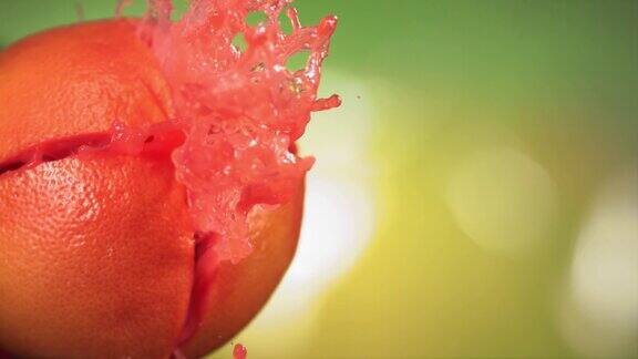 新鲜柚子喷射果汁在绿色自然背景的慢动作4K