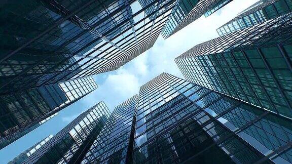 蓝色多云天空下的现代商业区建筑摘要摩天大楼商业中心街道时间推移3d动画