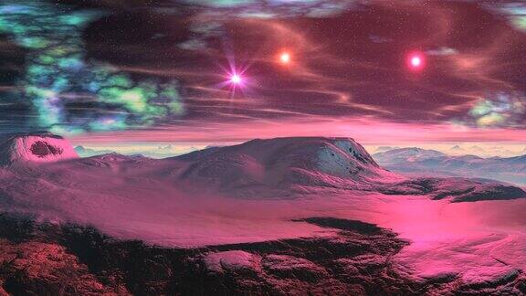 在白雪覆盖的星球上太阳升起粉红色的星星